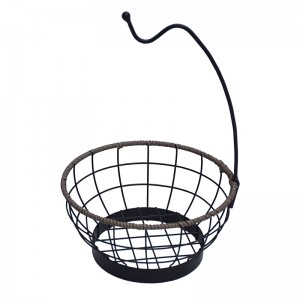 Round Fruit Basket With Banana Hanger Metal & Wicker Woven for Home Living