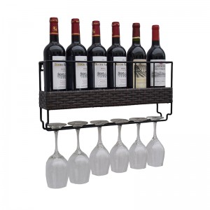 Wall Mounted 6 Wine Rack with 6 Wine Glass Holder Metal & Wicker Woven