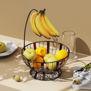 Metalen fruitkom bananenmand met afneembare bananenhaak vintage zwart met bronzen borstel