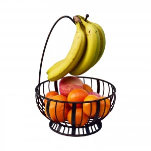 Metal Fruit Bowl Banana Basket With Detachable Banana Hook Vintage Black with Bronze Brush