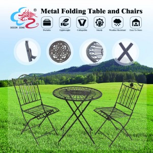 3 Pieces Outdoor Bistro Set Metal Folding Table and 2 Foldable Chairs